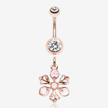 Rose Gold Opalescent Spring Wild Flower Belly Button Ring-Clear Gem/White
